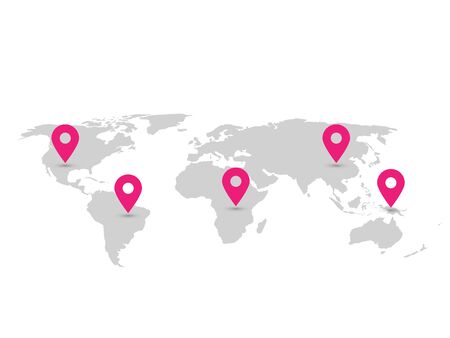 Map of World with navigation pointers. Grey map infographics with pink pins. Vector illustration.のイラスト素材