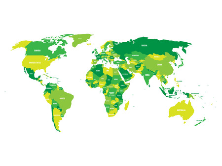Political map of World in green scheme with country name labels. Isolated on white background. Vector illustration.のイラスト素材