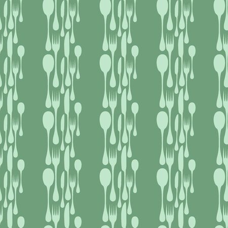 Cutlery seamless vector pattern. Silverware hand implements - spoon, knife and fork silhouettes mosaic arranged in vertical stripes on green background. Restaurant and meal theme wallpaper design.のイラスト素材