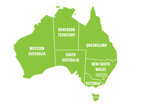 Simplified map of Australia divided into states and territories. Green flat map with white borders and white labels. Vector illustration.のイラスト素材