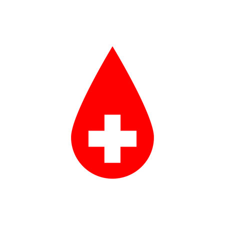 Drop of blood. Red vector illustration with white corss sign. Symbol of blood donation.のイラスト素材