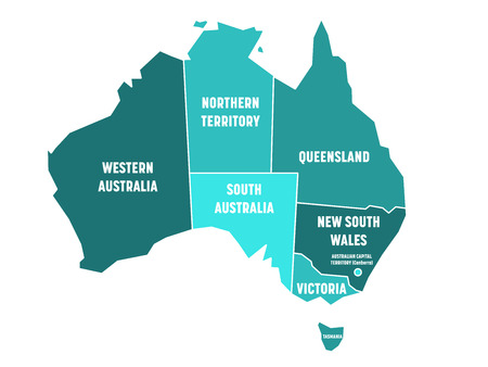 Simplified map of Australia divided into states and territories. Turquoise blue flat map with white borders and white labels. Vector illustration.のイラスト素材