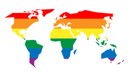 LGBT rainbow pride flag in a shape of World map. Lesbian, gay, bisexual, and transgender stylish design element. Simple flat vector illustration.のイラスト素材