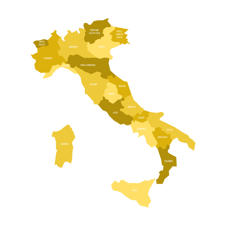 Map of Italy divided into 20 administrative regions in four shades of yellow. White labels. Simple flat vector illustration.の写真素材