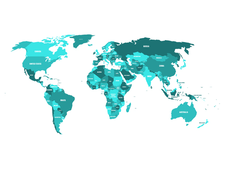Political map of World in shades of turquoise blue with white country name labels. Isolated on white background. Vector illustration.のイラスト素材