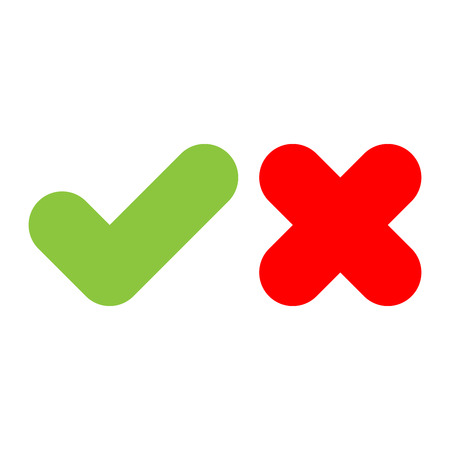 Check mark icons. Green tick and red cross. Flat vector illustration isolated on white background.のイラスト素材