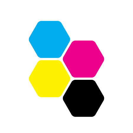 Four hexagons in CMYK colors. Printer theme. Vector illustration.のイラスト素材