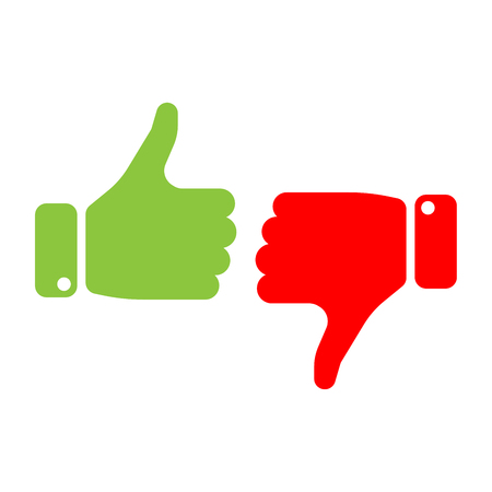 Vote thumbs up icon in red and green . Make a choice, yes or no, love it or hate it, like or dislike win or loss. Vector illustration.のイラスト素材