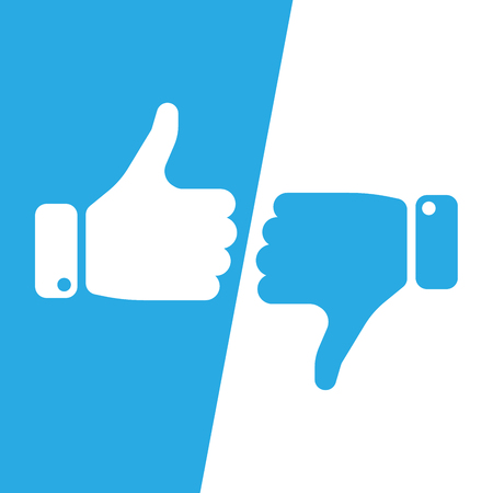 Vote thumbs up icon in blue and white inverse fields. Make a choice, yes or no, love it or hate it, like or dislike win or loss. Vector illustration.のイラスト素材