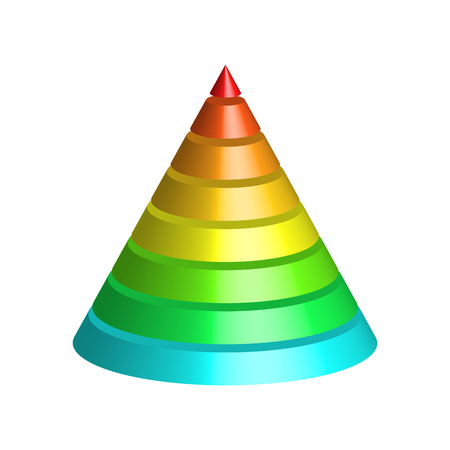 Layered cone. 3D conical pyramid of 8 multicolored rainbow spectrum layers. Vector illustration.のイラスト素材