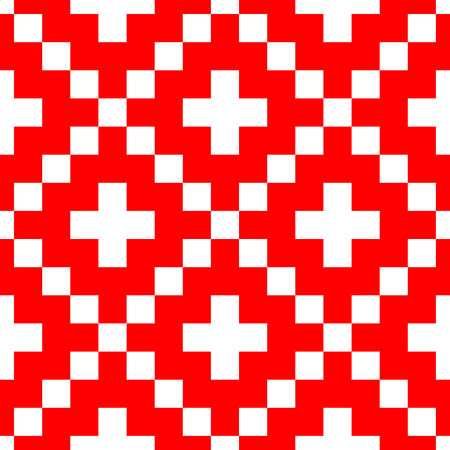 Pixel style vector seamless pattern. Red ornaments on white background. Nordic style fabric swatch.のイラスト素材