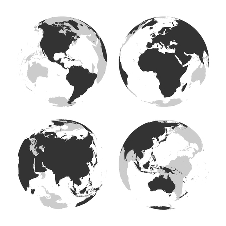 Set of transparent Earth globes with grey land silhouette map. Vector illustration.のイラスト素材