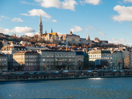 St. Matthias church and Fishermens Bastion. View from Danube River. Budapest, Hungary.の写真素材