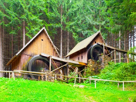 Gold ore mills. Medieval wooden water mills in Zlate Hory, Czech Republic.の写真素材