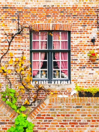 Picturesque window of an old brick house, Bruges, Belgium.の写真素材
