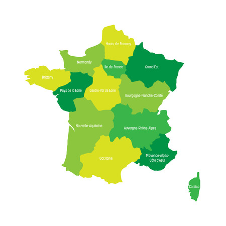 Map of France divided into 13 administrative metropolitan regions, since 2016. Four shades of green. Vector illustration.のイラスト素材
