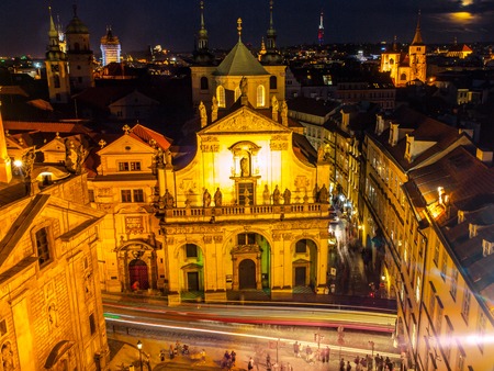 Square of the Knights of the Cross. Krizovnicke namesti, at Charles Bridge. Aerial night shot, Prague, Czech Republic.の写真素材