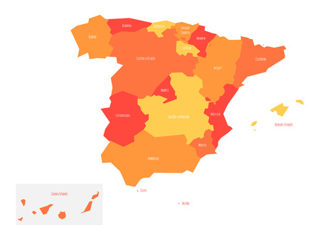 Map of Spain devided to 17 administrative autonomous communities. Simple flat vector map in shades of orange.の素材 [FY31087430791]