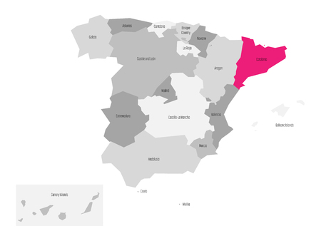 Map of Spain devided to 17 administrative autonomous communities with pink highlighted Catalonia region. Simple flat vector map in shades of grey.のイラスト素材