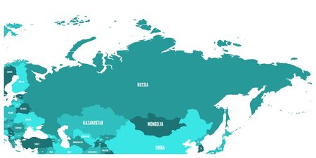 Political map of Russia and surrounding European and Asian countries. Four shades of turquoise blue map with white labels on white background.のイラスト素材
