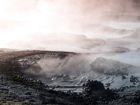 Morning at Sol de manana geyser with mud pots, Bolivian Andean Altiplano, Bolivia, South America.の写真素材