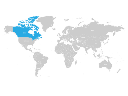 Canada marked by blue in grey World political map. Vector illustration.のイラスト素材