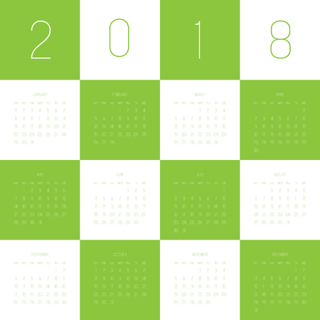 Vector calendar - Year 2018. Week starts from Sunday. Simple flat vector illustration in green and white.のイラスト素材