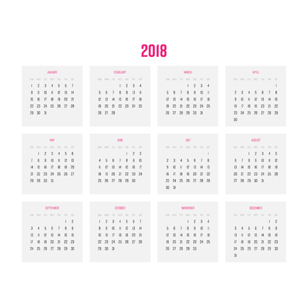 A Vector calendar - Year 2018. Week starts from Sunday. Simple flat vector illustration with pink headers. Each month in grey rectangle.のイラスト素材