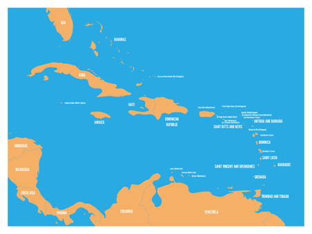 Central America and Carribean states political map. Yellow land with black country names labels on blue sea background. Simple flat vector illustration.のイラスト素材