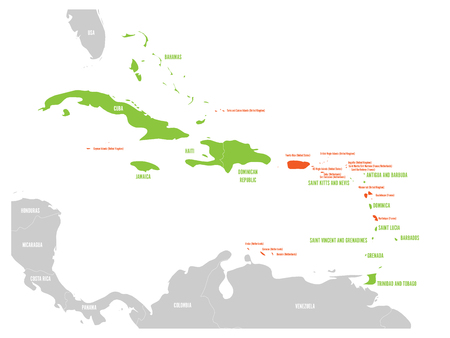 Political map of Carribean. Green highlighted sovereign states and orange dependent territories. Simple flat vector illustration.のイラスト素材