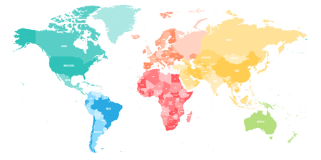 Colorful political map of World divided into six continent with country name labels. Vector map in rainbow spectrum colors.のイラスト素材