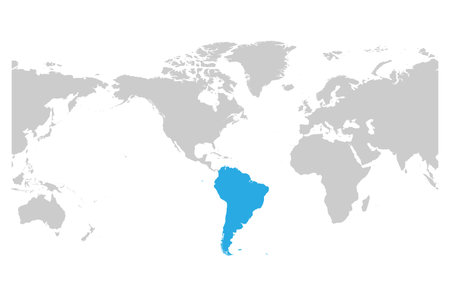 South America continent blue marked in grey silhouette of World map. Simple flat vector illustration.のイラスト素材