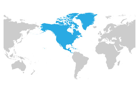 North America continent blue marked in grey silhouette of America centered World map. Simple flat vector illustration.のイラスト素材