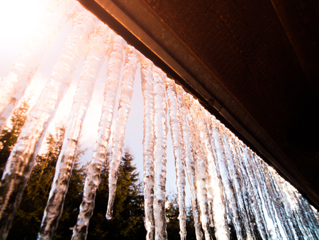 Many bright and transparent icicles hanging on the roof and illuminated by sun.の写真素材