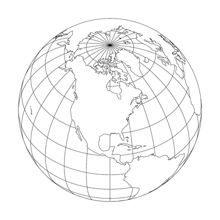 Outline Earth globe with map of World focused on North America. Vector illustration.のイラスト素材