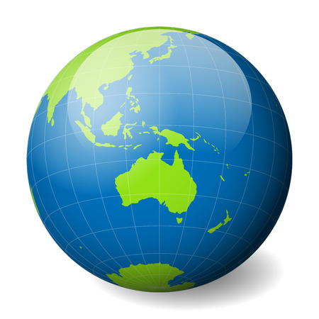 Earth globe with green world map and blue seas and oceans focused on Australia. With thin white meridians and parallels. 3D glossy sphere vector illustration.のイラスト素材