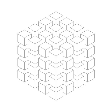 Geometric cube of smaller isometric cubes. Abstract design element. Science or construction concept. Black outline 3D vector object.のイラスト素材