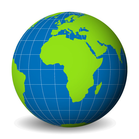 Earth globe with green world map and blue seas and oceans focused on Africa. With thin white meridians and parallels. 3D vector illustration.のイラスト素材