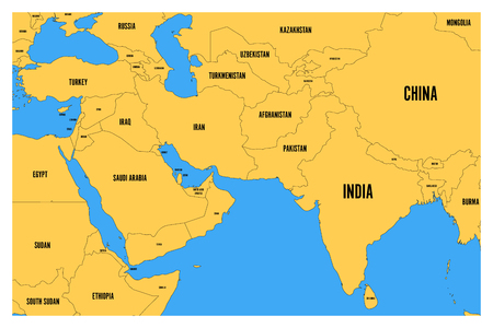 Political map of South Asia and Middle East. Simple flat vector map with yellow land and blue sea.