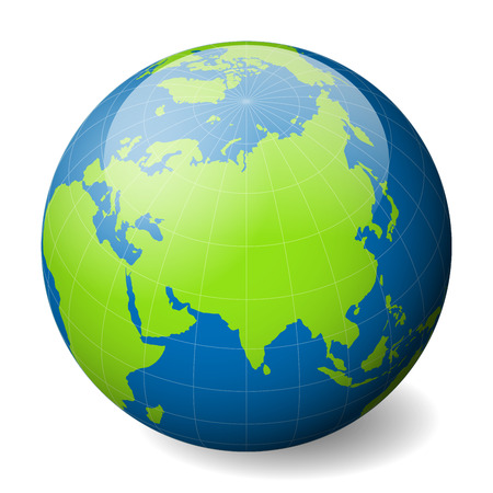 Earth globe with green world map and blue seas and oceans focused on Asia. With thin white meridians and parallels. 3D glossy sphere vector illustration.のイラスト素材