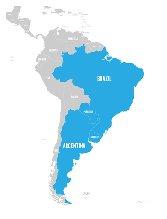 Map of MERCOSUR countires. South american trade association. Blue highlighted member states Brazil, Paraguay, Uruguay and Argetina. Since December 2016.のイラスト素材
