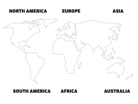 Simplified black outline of world map divided to six continents with labels. Simple flat vector illustration on white background.のイラスト素材
