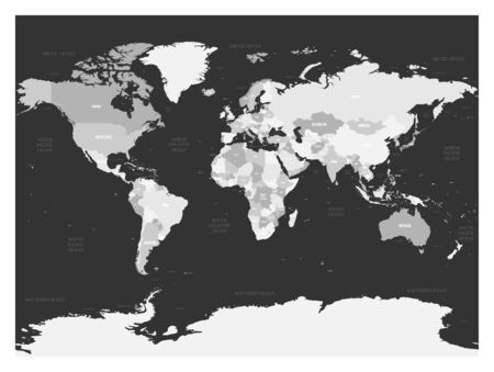 World map in four shades of grey on dark background. High detail blank political map. Vector illustration.のイラスト素材