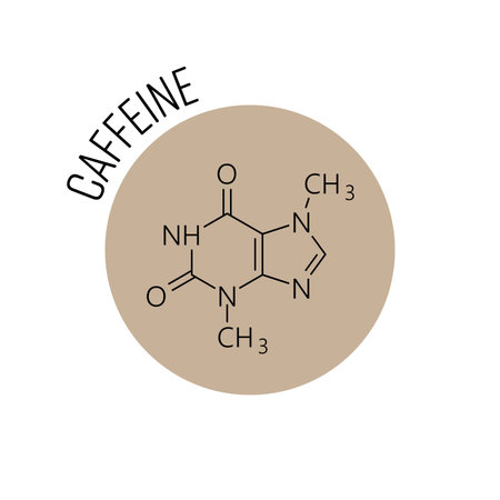 Caffeine molecule. Chemical skeletal formula designed in the beige circle as icon. Cafe, coffee theme or logo. Vector illustration.のイラスト素材