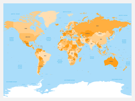 World map atlas. Colored political map with blue seas and oceans. Vector illustration.のイラスト素材