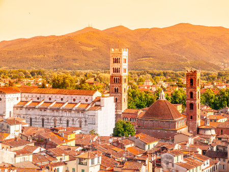 Lucca summer skyline with St Martin Cathedral and bell towers, Tuscany, Italy.の写真素材