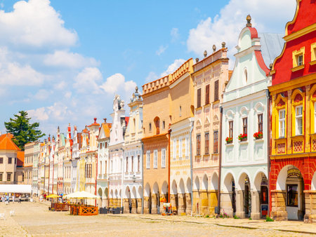 TELC, CZECH REPUBLIC - 31 MAY, 2018: Zachary of Hradec Square. Central square with colorful renaisance houses in Telc, Czech Republic.のeditorial素材