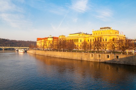 Vltava embankment with historical building of Rudofinum, Prague, Czech Republic.の写真素材