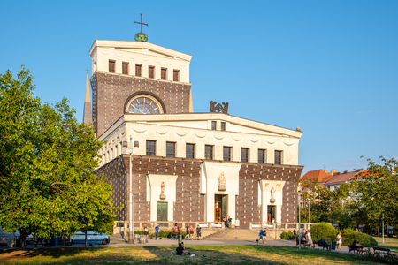 PRAGUE, CZECH REPUBLIC - AUGUST 17, 2018: Roman catholic Church of the Most Sacred Heart of Our Lord at Jiriho z Podebrad Square, Vinohrady, Prague, Czech Republic.のeditorial素材