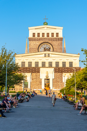 PRAGUE, CZECH REPUBLIC - AUGUST 17, 2018: Roman catholic Church of the Most Sacred Heart of Our Lord at Jiriho z Podebrad Square, Vinohrady, Prague, Czech Republic.のeditorial素材
